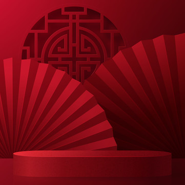 中式紅色折扇窗花舞臺背景