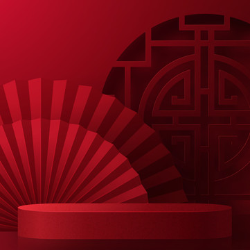 鮮艷喜氣折扇窗花舞臺(tái)背景