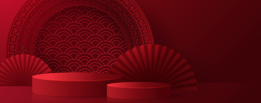 喜氣吉祥紋理 紅色折扇舞臺(tái)背景