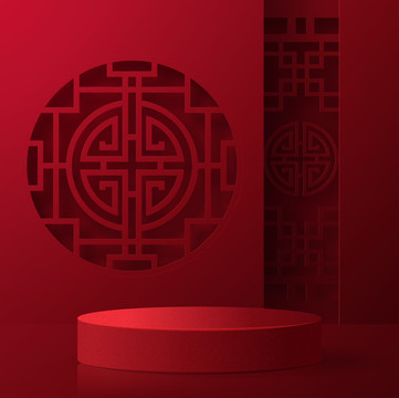 中式圆形窗花红色舞台背景