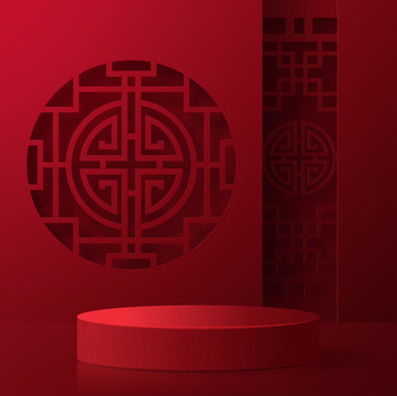 中式圓形窗花紅色舞臺背景