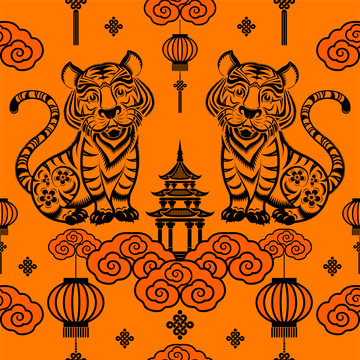 中式装饰双虎版画元素