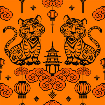 中式裝飾雙虎版畫(huà)元素