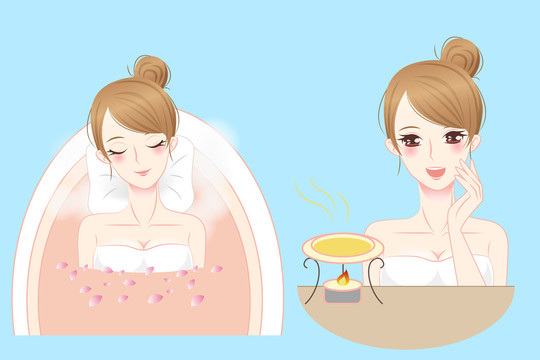 少女享受精油香氛 泡澡放松插圖