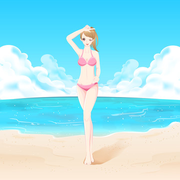 比基尼女孩沙灘拍照插圖