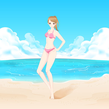 沙灘少女叉腰展現窈窕曲線插圖