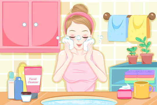 少女浴室享受泡沫洗脸插图