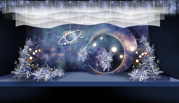 星空藍紫色婚禮舞臺迎賓效果圖