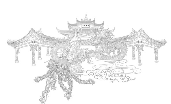 龍鳳合鳴白描線稿