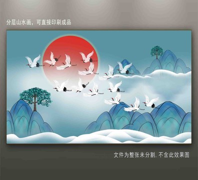 中式國(guó)潮仙鶴山水圖