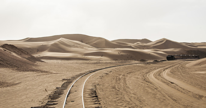 响沙湾的沙漠和铁轨
