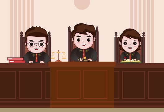 卡通法官法庭現(xiàn)場審理案件插畫