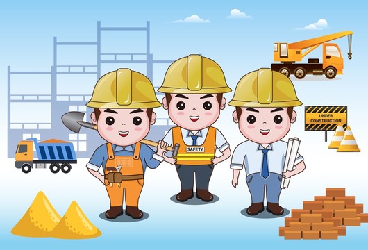 卡通建設者施工團隊建筑工人矢量