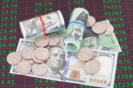 俯视拍摄金融图表上的美元和韩元