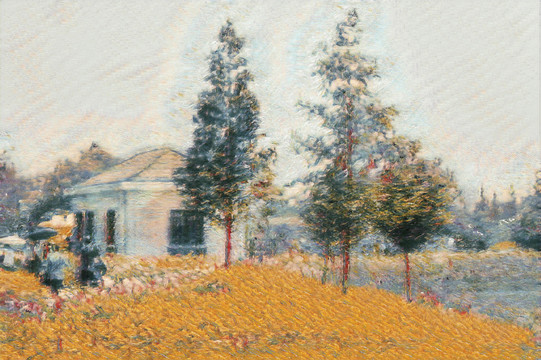 綠樹(shù)花海風(fēng)光油畫(huà)