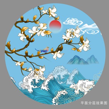 新中式玉兰花花鸟图