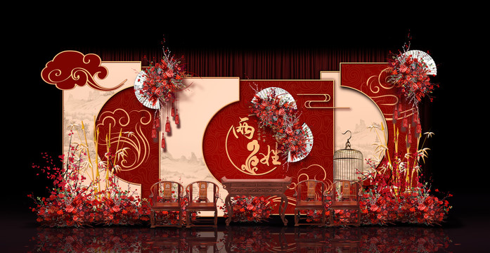 新中式合影區(qū)婚禮手繪效果圖