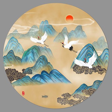 仙鶴山水插畫