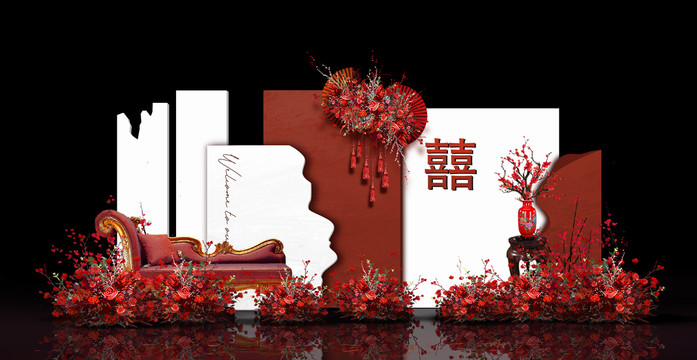 新中式合影區(qū)婚禮手繪效果圖