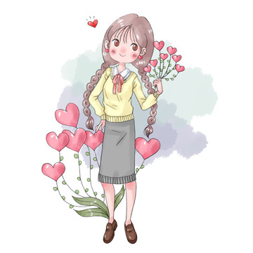 女孩手拿心形花束插畫設(shè)計(jì)