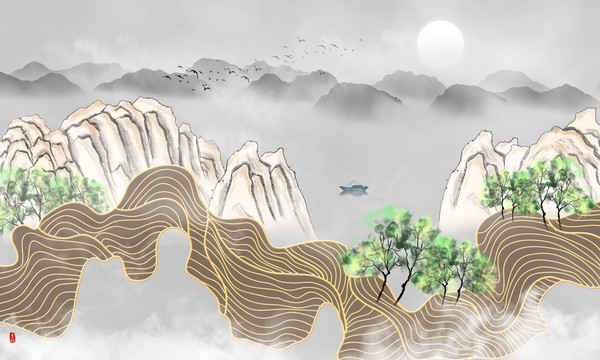 轻奢水墨线条山水画