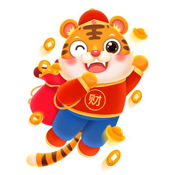 可愛老虎飛天背福袋撒金幣元素
