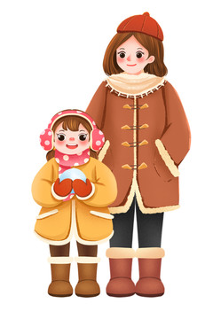 冬天穿厚衣服的女孩和媽媽