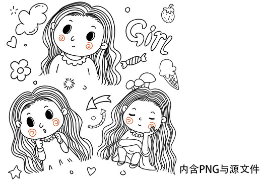 手繪涂鴉可愛(ài)長(zhǎng)發(fā)女孩插畫(huà)圖案