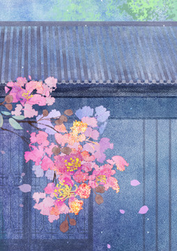 紫薇花古風巖彩花卉插畫