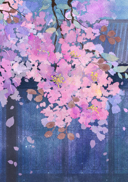 紫薇花古風巖彩花卉插畫
