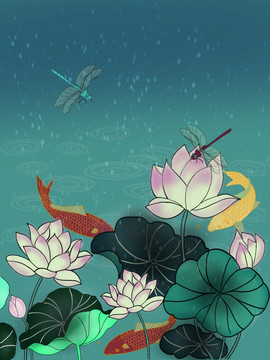 雨中荷塘手繪插畫