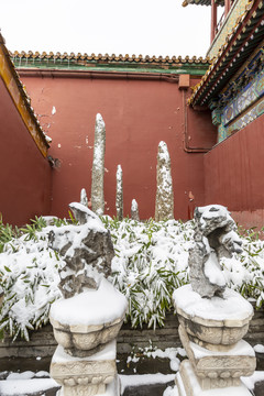 雪中的北京故宫太湖石