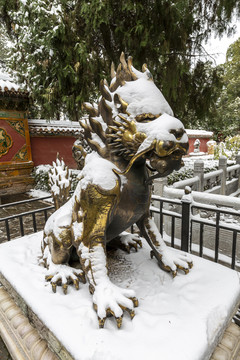 雪中的北京故宫御花园獬豸