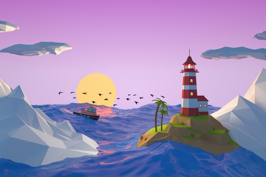 夕陽下一群海燕飛過海邊的燈3D
