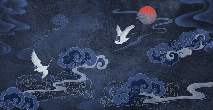 新中式祥云仙鶴裝飾畫古風(fēng)壁紙