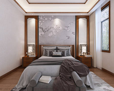 中式床头背景墙max模型带贴图