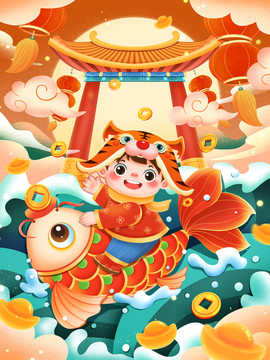 新年春節(jié)騎錦鯉戴虎頭帽福娃插畫