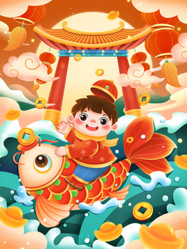 新年春節(jié)騎錦鯉的福娃插畫(huà)