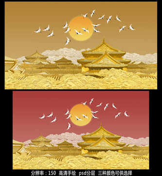 瑞鶴祥云宮殿壁畫