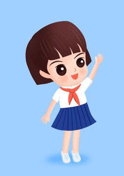 psd手绘插画小学生短发女孩