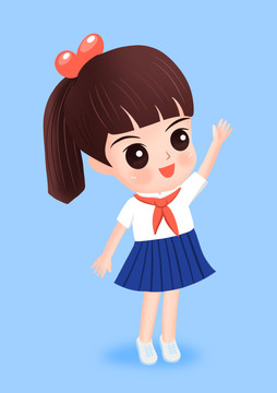 psd手绘插画小学生长发女孩