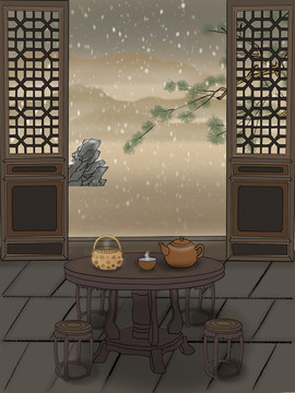 古風賞雪手繪插畫
