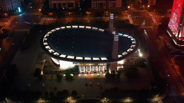 航拍江西吉安体育馆建筑夜景