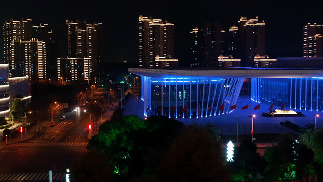 航拍江西吉安文化艺术中心夜景