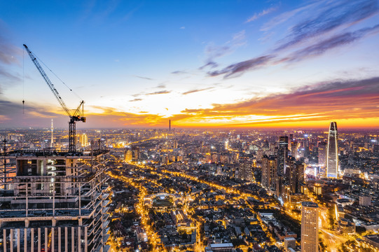 天津城市高楼建筑夜晚航拍