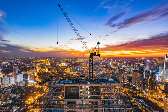 天津城市高楼建筑夜晚航拍