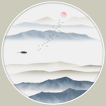 水墨山水圓形鏡心