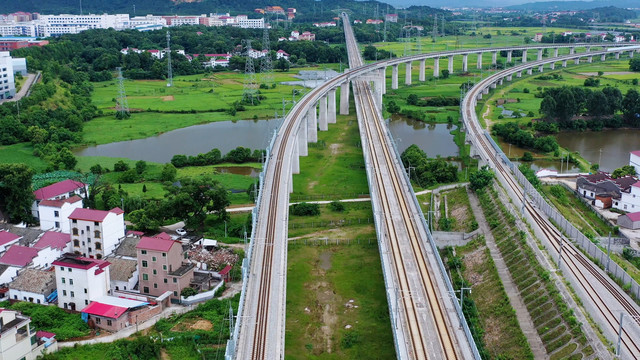 航拍横跨在农田上的铁路大桥