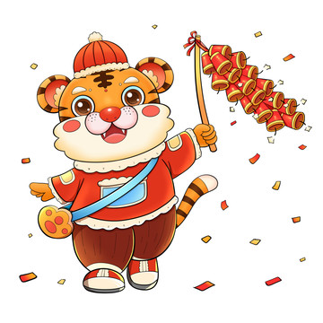 國潮虎年放鞭炮的老虎元素