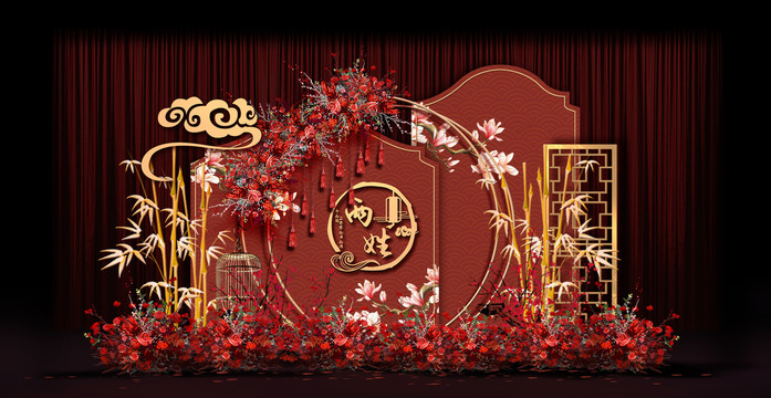 新中式合影區婚禮手繪效果圖